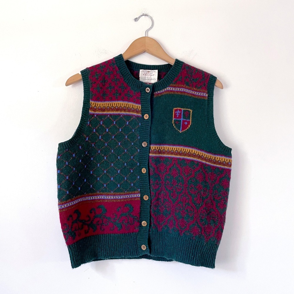 Vintage Wool Knit Button Front Cardigan Vest Sz M Crest Academia Preppy 80s 90s